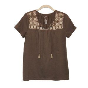 St. John's Bay Women's Short Sleeve Embroidered Accent Top in Brown - Size PS